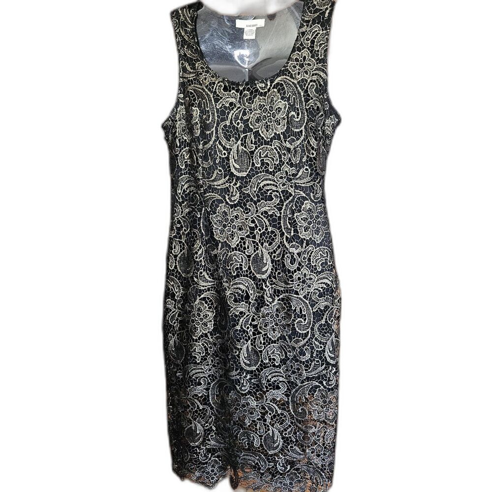 Sans Souci Black Gold Floral Lace Metallic Sheath Dress GSD448 Sleeveless Large